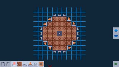 Screenshot of MegaFlail. A large wooden circle is covered in turrets and thrusters.