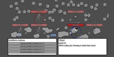 Screenshot of Old School Classic World of War of eXile XIV: Online. Three skeletons face three stick-figure players.