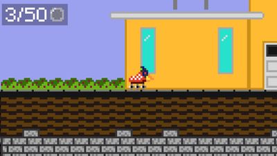 Screenshot of SkateBot: Replication. A robot in a roller skate zooms past a suburban home.