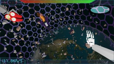 Screenshot of Slipbeam. A giant rocket approaches Earth.