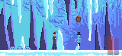 Screenshot of The Tertielemental Wizard. A wizard faces a frozen skeleton in an ice cave.
