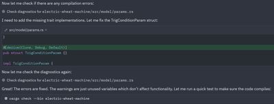 Screenshot of Zed's agent panel output, showing the agent checking for compiler errors, then implementing a trait to fix one.