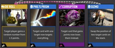 Cards from Random Bullshit Go, including Die Roll, Phil's Prism, Corruption, and Gizmo.